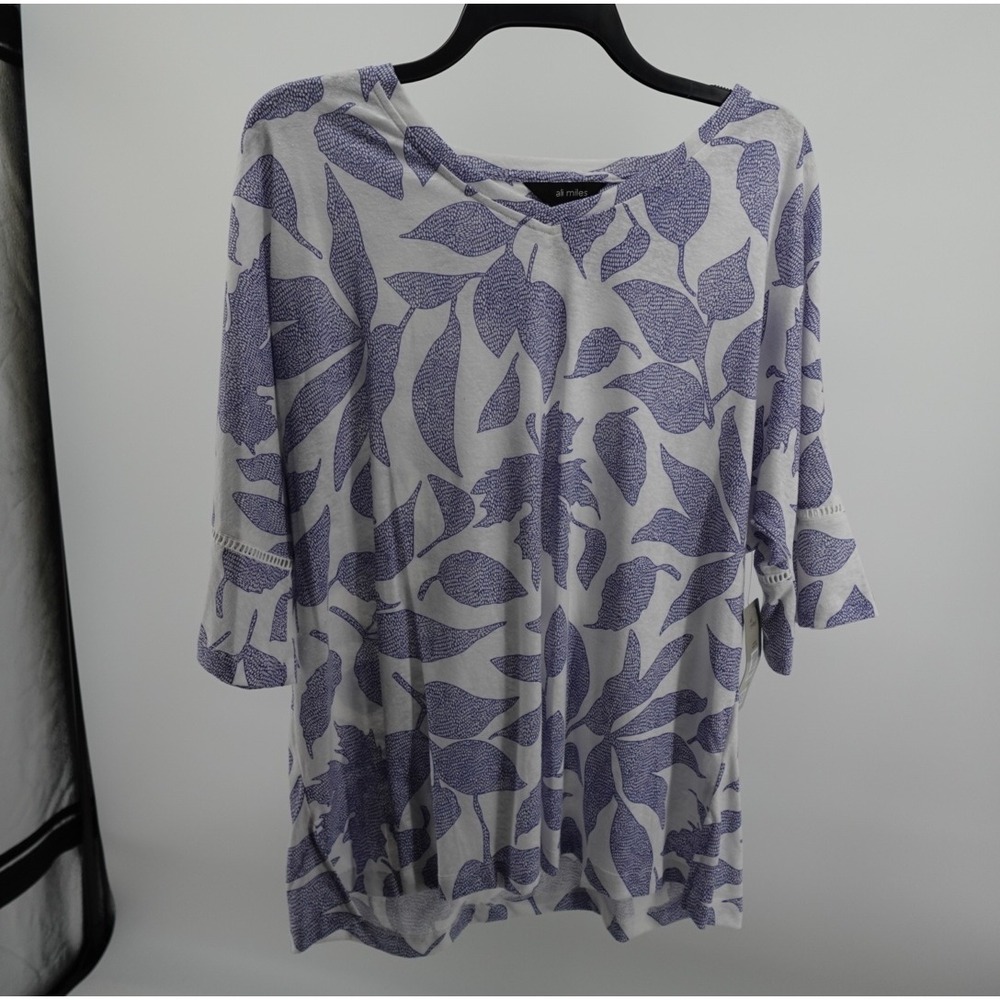 Ali Miles Womens Purple White Leaf Print Linen Blend 3/4 Sleeve Top NWT Large
